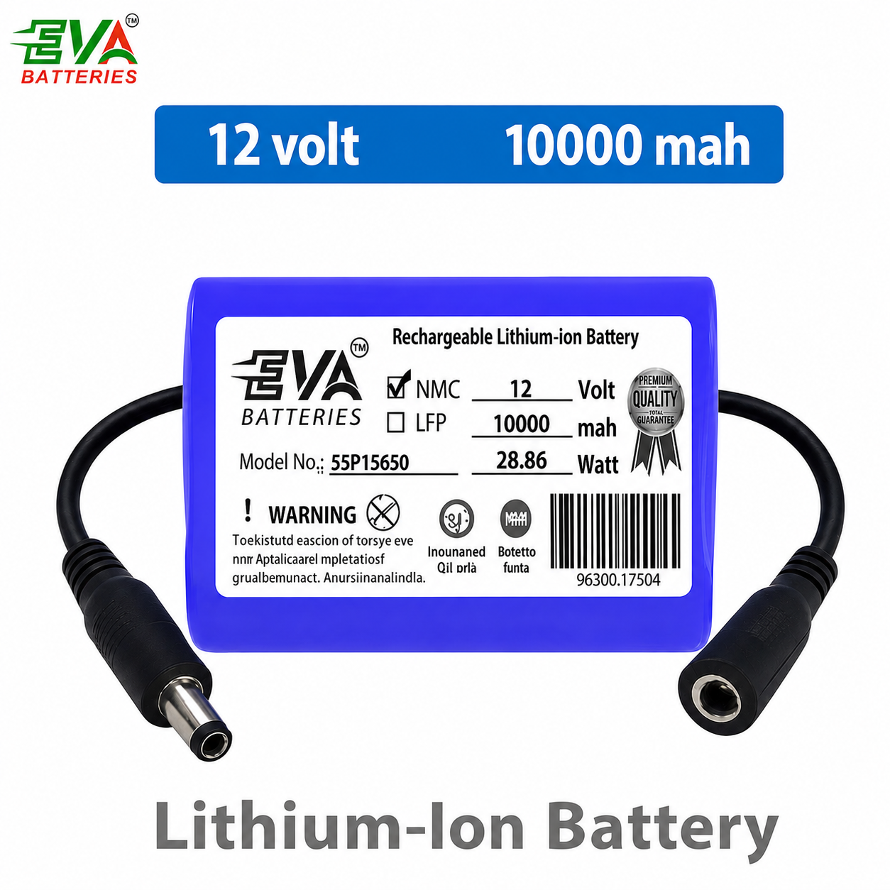 Lithium-ion battery with EVA Batteries branding on a white background