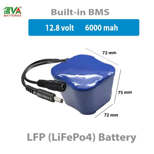 12.8V 6000mAh LiFePO4 Solar Rechargeable Battery with DC Connectors | Lithium Phosphate Battery for Solar & UPS