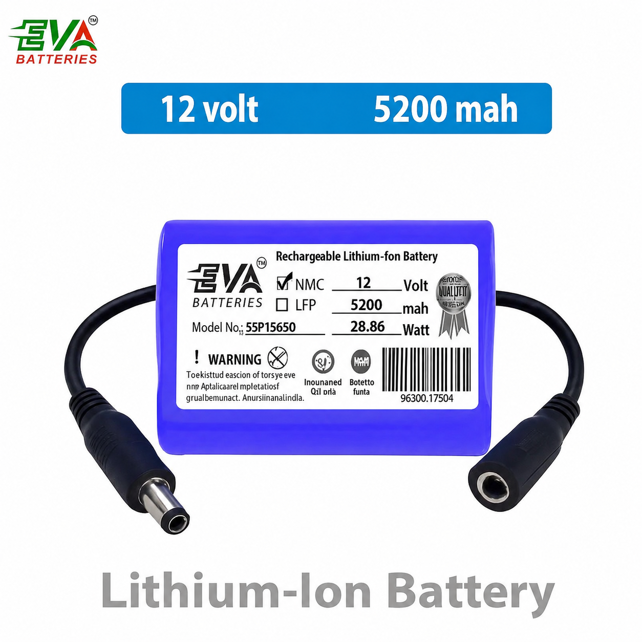 Lithium-ion battery with eva Batteries branding on a white background