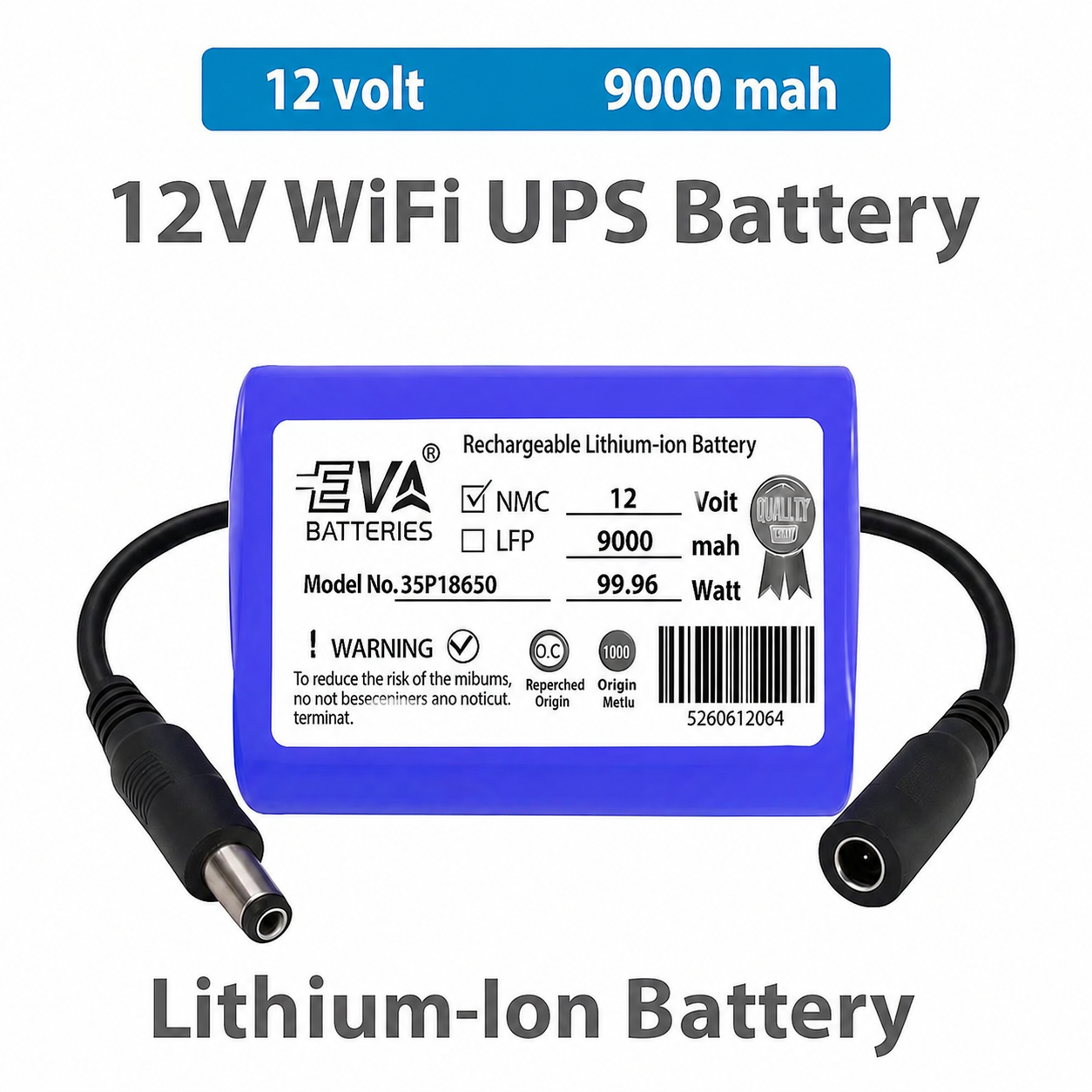 12V 9000 mah WiFi UPS Battery with label on a white background